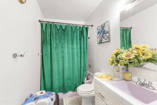 full bathroom with tile patterned floors, vanity, shower / bathtub combination with curtain, and toilet