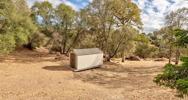 view of yard featuring a shed