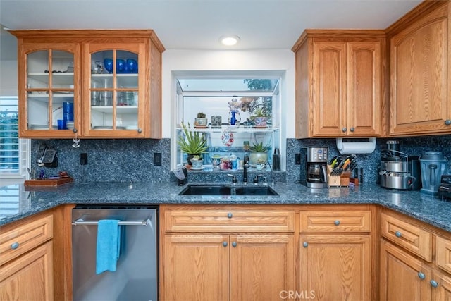 kitchen featuring backsplash, dark stone countertops, sink, and stainless steel dishwasher