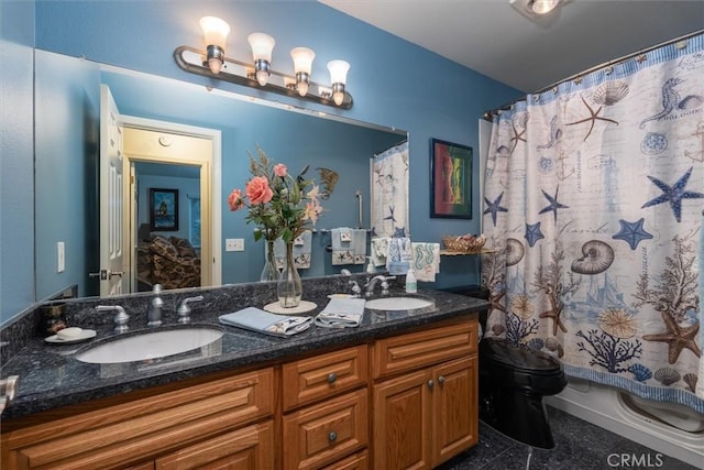 full bathroom featuring tile patterned flooring, vanity, shower / bath combination with curtain, and toilet