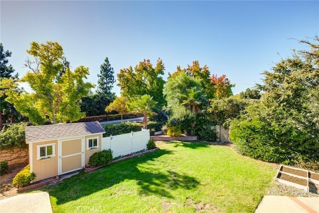 view of yard featuring a storage shed