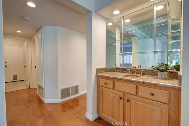 bathroom with hardwood / wood-style flooring, vanity, and a wealth of natural light