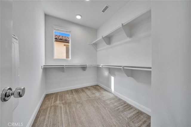 walk in closet featuring light colored carpet