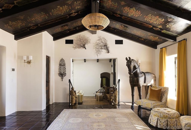 interior space with dark wood-type flooring and lofted ceiling with beams