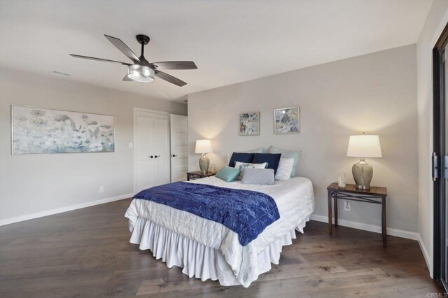 bedroom with dark hardwood / wood-style floors, a closet, and ceiling fan