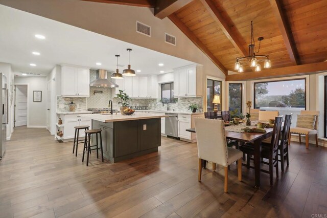 dining room with vaulted ceiling with beams, dark wood-type flooring, and sink