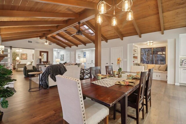 dining room featuring hardwood / wood-style flooring, lofted ceiling with beams, ceiling fan, and wood ceiling