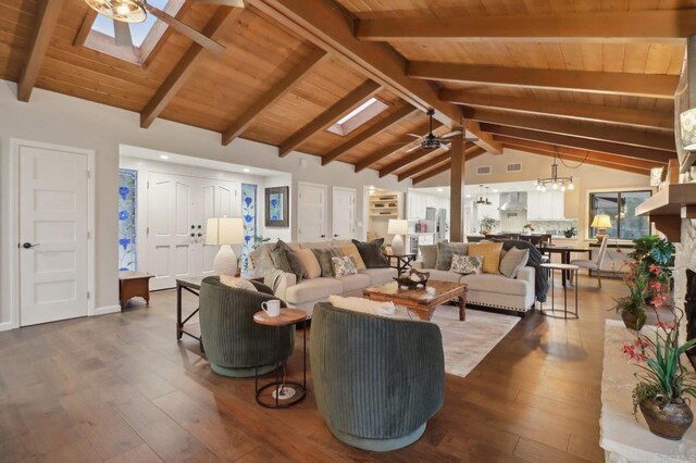 living room with wood ceiling, beamed ceiling, dark wood-type flooring, and ceiling fan with notable chandelier