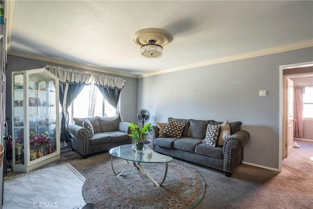 living room featuring carpet floors and ornamental molding