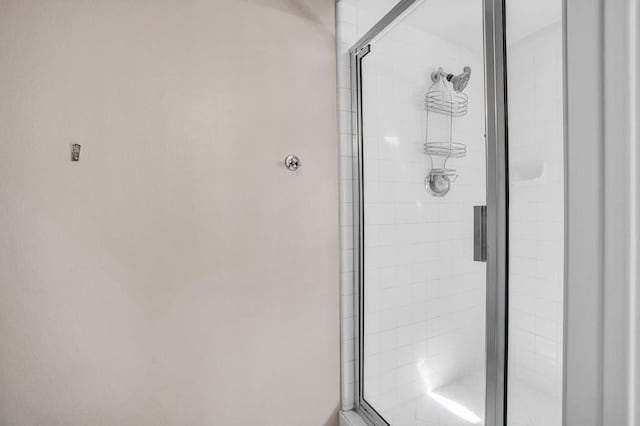 bathroom with a shower with shower door