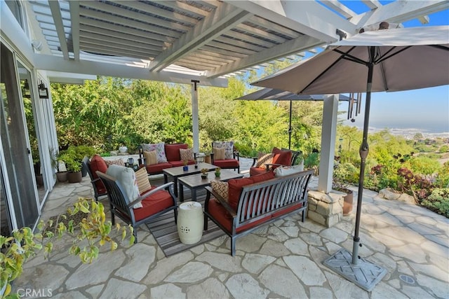 view of patio / terrace with a pergola and outdoor lounge area