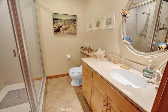 bathroom with walk in shower, vanity, toilet, and tile patterned flooring