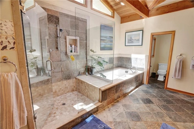 bathroom with separate shower and tub, lofted ceiling with beams, wood ceiling, and toilet