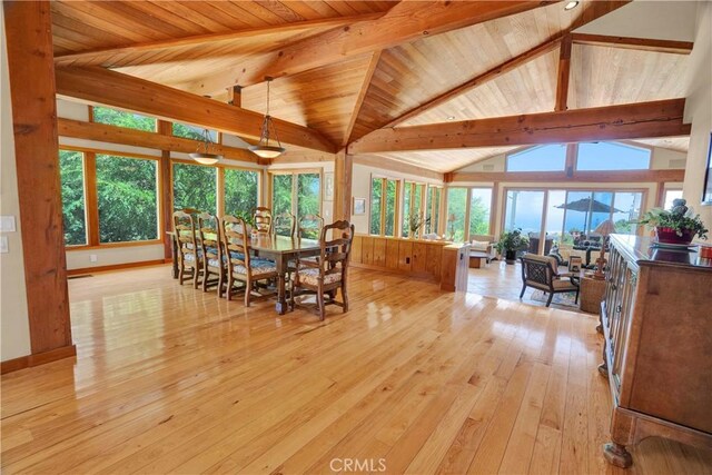 dining area with high vaulted ceiling, wood ceiling, beamed ceiling, and light hardwood / wood-style flooring