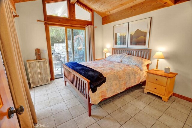 bedroom featuring access to outside, lofted ceiling with beams, light tile patterned flooring, radiator heating unit, and wooden ceiling