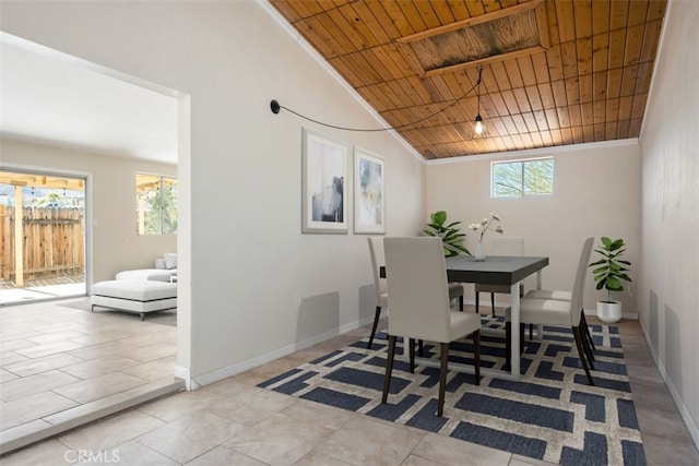 dining area with a healthy amount of sunlight, wood ceiling, and ornamental molding