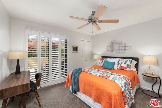 carpeted bedroom with a closet and ceiling fan