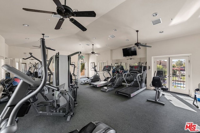 exercise room with ceiling fan and french doors