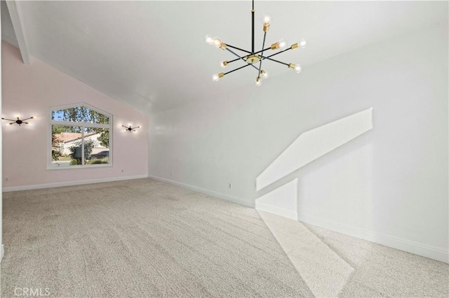 unfurnished living room with lofted ceiling with beams, carpet floors, and an inviting chandelier