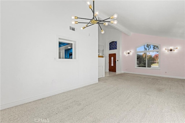 unfurnished living room featuring lofted ceiling with beams, light carpet, and an inviting chandelier