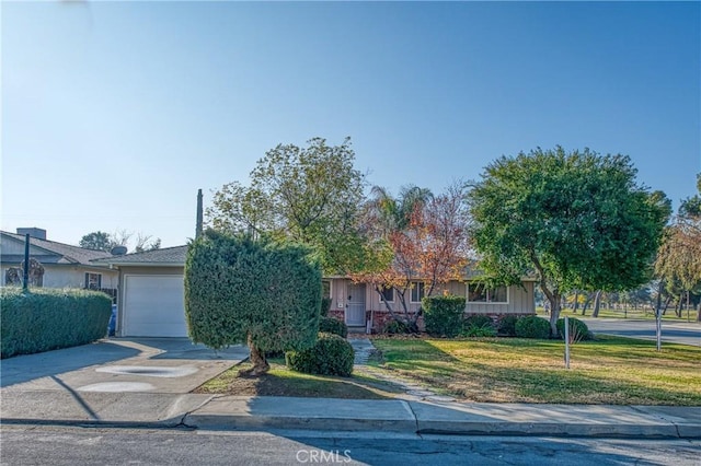 view of property hidden behind natural elements featuring a front yard and a garage