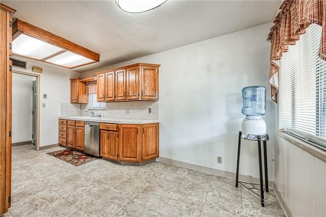 kitchen featuring stainless steel dishwasher, decorative backsplash, and sink