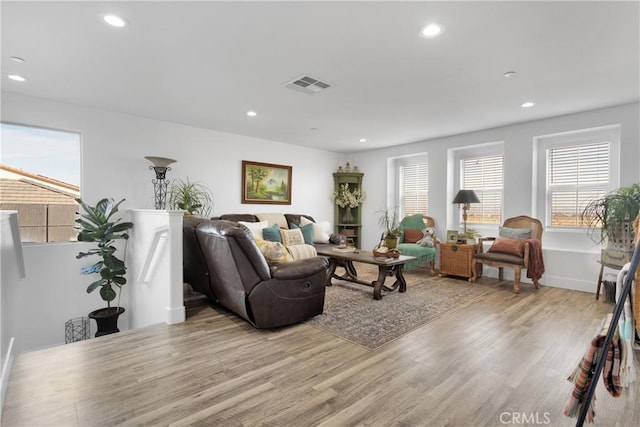 living room with light hardwood / wood-style flooring and a wealth of natural light