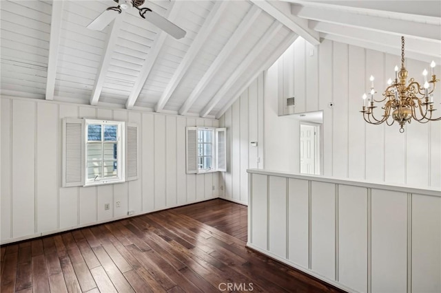 additional living space with ceiling fan with notable chandelier, dark wood-type flooring, and vaulted ceiling with beams