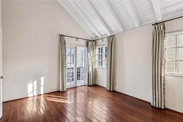 empty room featuring high vaulted ceiling, dark wood-type flooring, and beamed ceiling