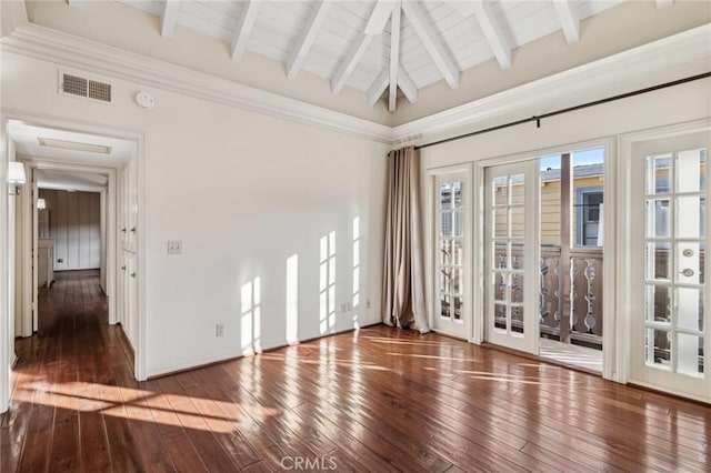 empty room with wooden ceiling, dark hardwood / wood-style floors, basketball court, and beamed ceiling