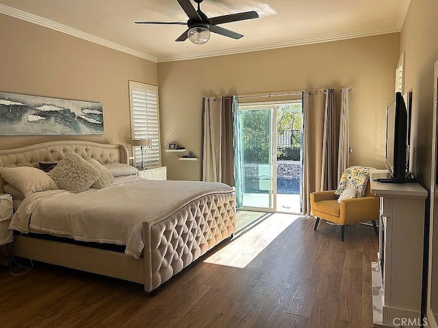 bedroom with dark hardwood / wood-style floors, ceiling fan, access to exterior, and ornamental molding