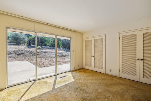 interior space with access to exterior, two closets, and multiple windows