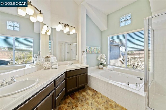 bathroom featuring vanity, plenty of natural light, and plus walk in shower