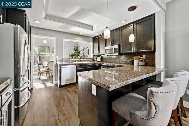 kitchen with decorative light fixtures, a raised ceiling, kitchen peninsula, backsplash, and stainless steel appliances