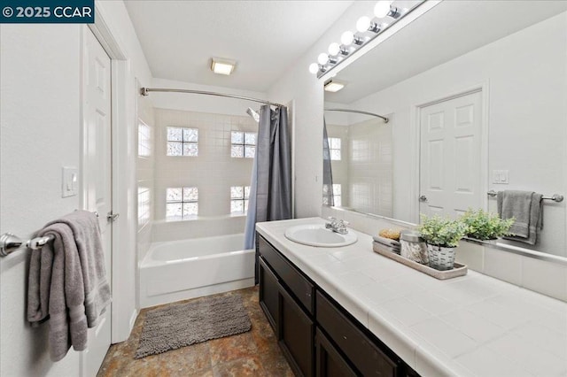 bathroom featuring vanity and shower / tub combo with curtain