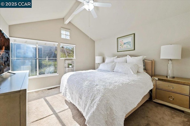 bedroom featuring light colored carpet, lofted ceiling with beams, and ceiling fan