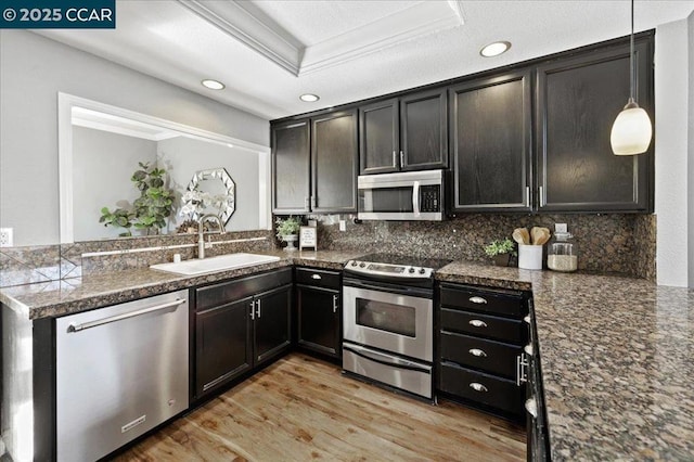 kitchen featuring crown molding, appliances with stainless steel finishes, hanging light fixtures, decorative backsplash, and sink