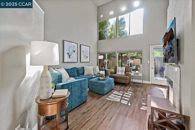 living room featuring hardwood / wood-style flooring and a high ceiling