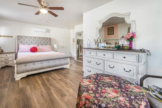 bedroom featuring ceiling fan and dark wood-type flooring