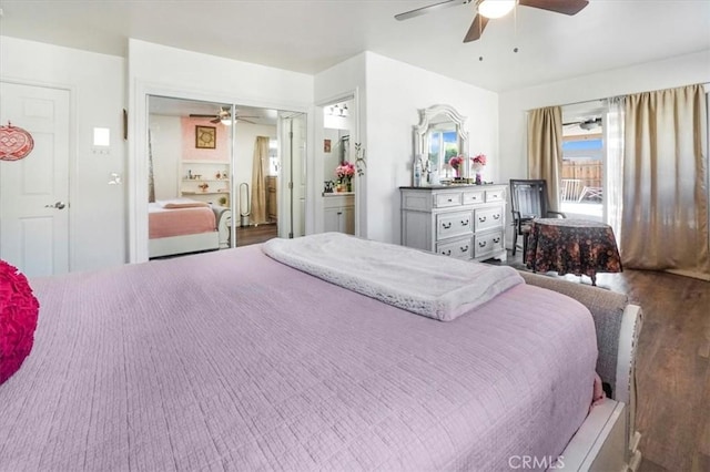 bedroom featuring ceiling fan, hardwood / wood-style flooring, and a closet