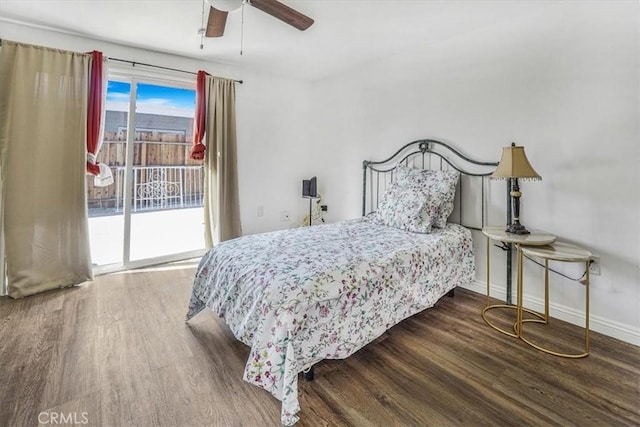 bedroom with ceiling fan, access to exterior, and hardwood / wood-style floors