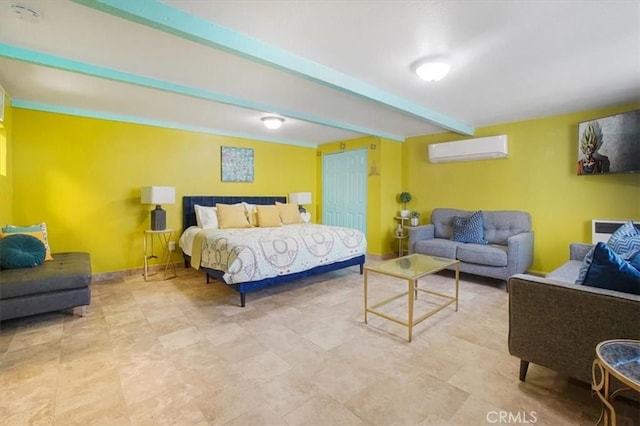 bedroom featuring beam ceiling and a wall mounted AC