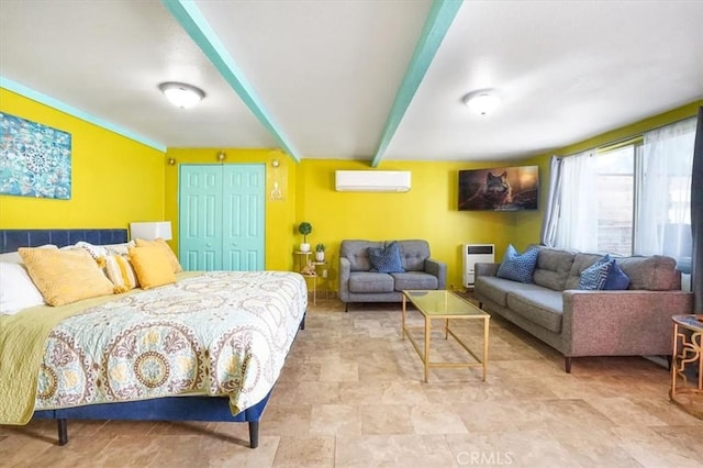 bedroom with a wall unit AC and beamed ceiling