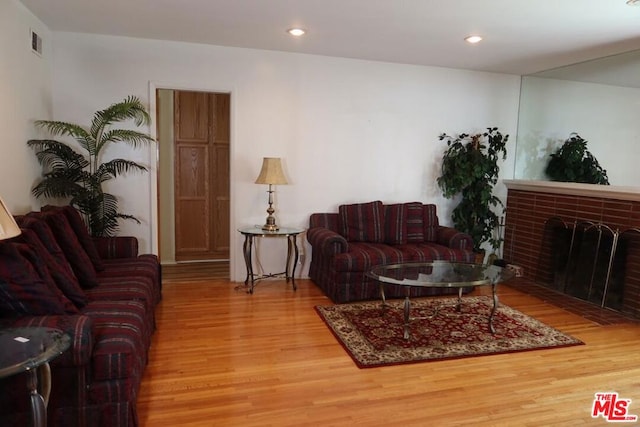 living room with a fireplace and wood-type flooring