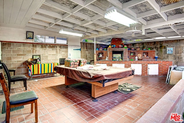 game room featuring beam ceiling, coffered ceiling, and billiards