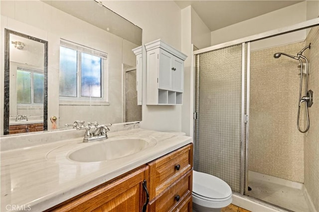 bathroom with vanity, toilet, and a shower with shower door