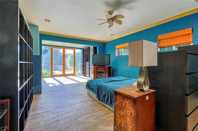 bedroom featuring access to exterior, ceiling fan, light hardwood / wood-style floors, and ornamental molding