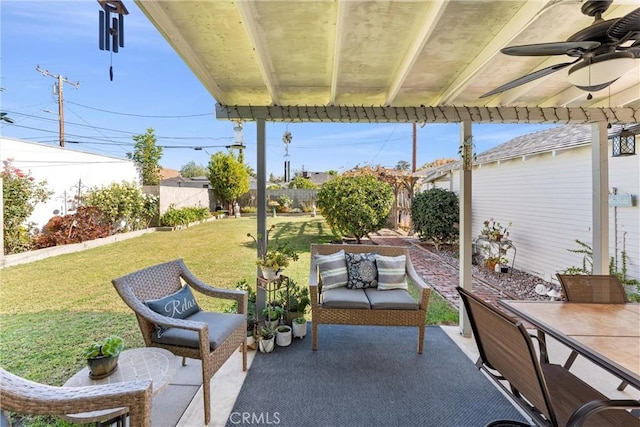 view of patio featuring ceiling fan and an outdoor hangout area