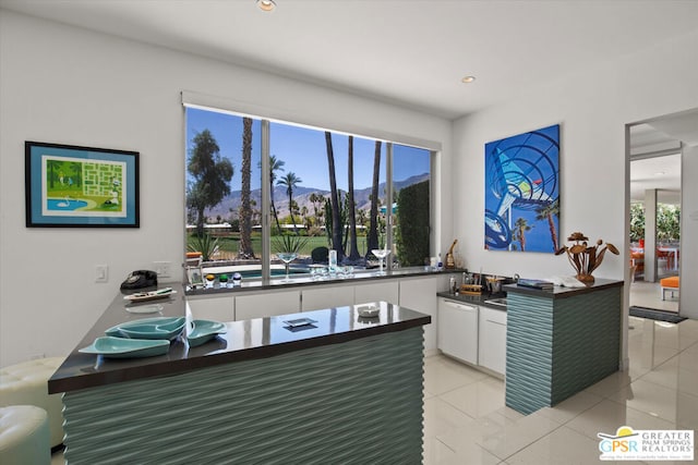 kitchen featuring a mountain view, a healthy amount of sunlight, dishwasher, and white cabinetry