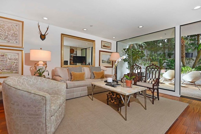 living room with hardwood / wood-style flooring and a wall of windows